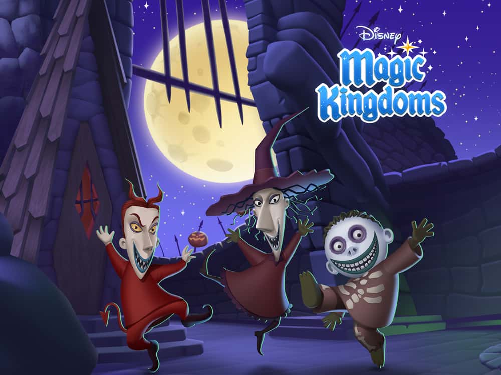 Mickey Mouse, Goofy, and Donald Duck celebrate Halloween in front of a glowing full moon, dancing under the night sky while "Disney Magic Kingdoms" shines above—infusing the festivities with iconic Disney park enchantment and playful spooky fun.