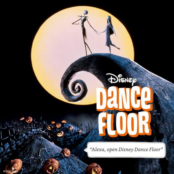 Jack and Sally from The Nightmare Before Christmas stand atop a moonlit hill, highlighted by the "Disney Dance Floor" sign, bringing Halloween magic and Disney entertainment to life.