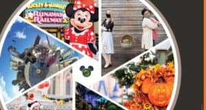 Collage of Disney park highlights featuring Minnie Mouse greeting guests, festive autumn decorations throughout the park, and visitors capturing memories with masks on—showcasing those picture-perfect moments ideal for Disney PhotoPass or Memory Maker.