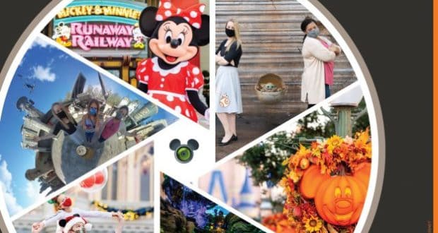 Collage of Disney park highlights featuring Minnie Mouse greeting guests, festive autumn decorations throughout the park, and visitors capturing memories with masks on—showcasing those picture-perfect moments ideal for Disney PhotoPass or Memory Maker.