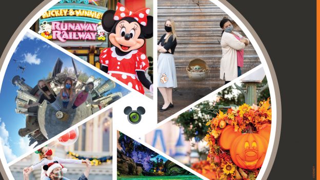 Collage of Disney park highlights featuring Minnie Mouse greeting guests, festive autumn decorations throughout the park, and visitors capturing memories with masks on—showcasing those picture-perfect moments ideal for Disney PhotoPass or Memory Maker.