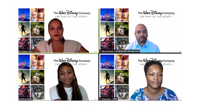 Four participants join a vibrant video call, each framed by Disney-themed virtual park settings and recognizable Disney branding, as they engage in an animated conversation about how Next Gen initiatives are building connections between Disney and Historically Black Colleges and Universities.