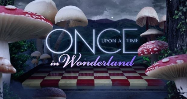 Giant, storybook mushrooms surround the "Once Upon a Time in Wonderland" sign set against a whimsical checkerboard backdrop, bringing the magic of Wonderland—just like you'd find at Disney Parks—now streaming on Disney+.