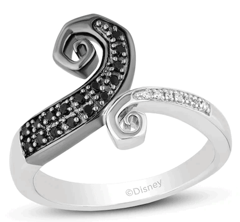 Disney-inspired silver ring featuring swirling black and white stones at both ends, reminiscent of Nightmare Before Christmas magic—an enchanting accessory for Disney Parks fans and Tim Burton enthusiasts alike.