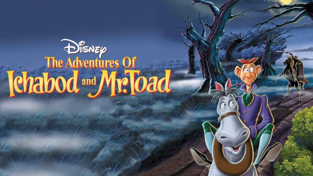 Promotional artwork for Disney’s The Adventures of Ichabod and Mr. Toad, featuring Ichabod Crane galloping through a moonlit night on his horse—capturing the iconic Halloween thrill that delights fans during seasonal events at Disney Parks.