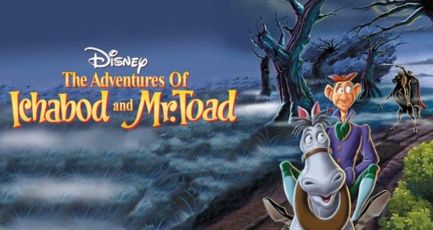 Promotional artwork for Disney’s The Adventures of Ichabod and Mr. Toad, featuring Ichabod Crane galloping through a moonlit night on his horse—capturing the iconic Halloween thrill that delights fans during seasonal events at Disney Parks.