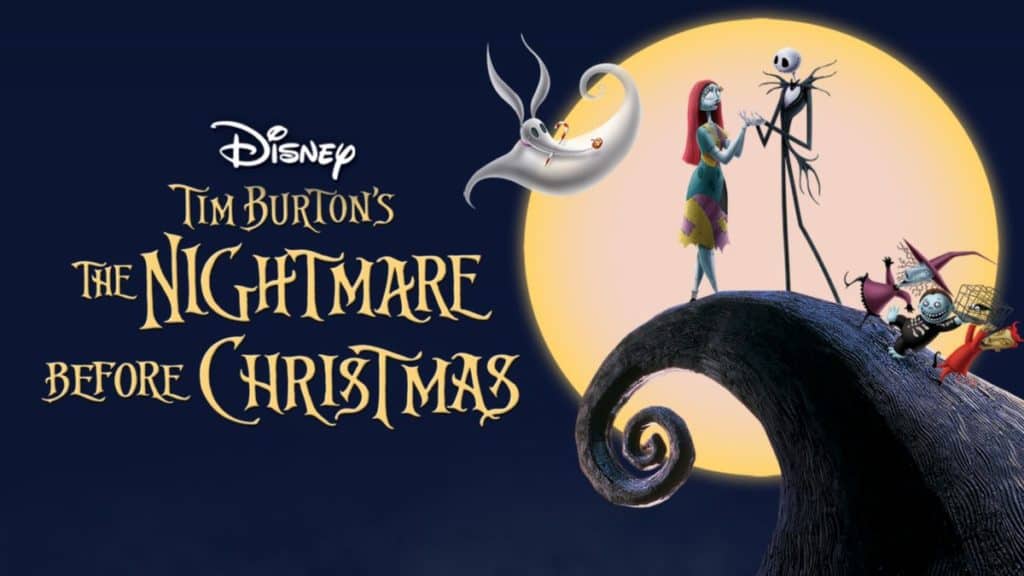 Jack Skellington, Sally, and Zero pose atop the iconic spiral hill beneath a glowing full moon, with "The Nightmare Before Christmas" title evoking the film's magical Halloween ambiance familiar to fans at Disney Parks.