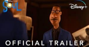 Joe Gardner, the animated jazz musician from Disney Pixar’s Soul, appears inside a sleek setting; the "Soul trailer," "Jon Batiste," and "Disney+" logos are displayed alongside bold “Official Trailer” text, capturing the cinematic excitement fans expect from new Disney releases.