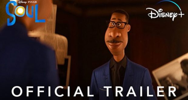 Joe Gardner, the animated jazz musician from Disney Pixar’s Soul, appears inside a sleek setting; the "Soul trailer," "Jon Batiste," and "Disney+" logos are displayed alongside bold “Official Trailer” text, capturing the cinematic excitement fans expect from new Disney releases.