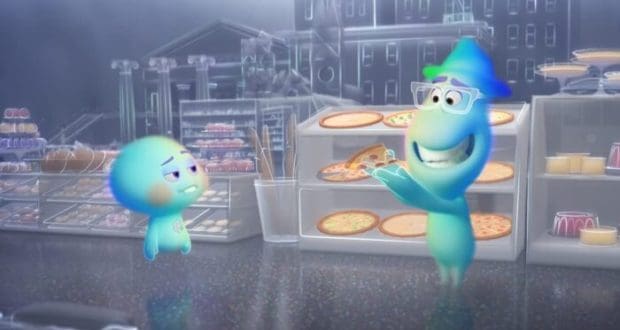 Soul’s glowing blue spirits appear inside a themed pizza restaurant, with one spirit delighting in a slice of pizza while the other—looking unimpressed—seems ready to debate which Disney+ movie should be their next watch, capturing that classic playful energy familiar to Pixar and Disney Park fans.