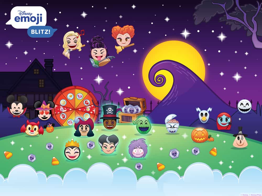Beloved Disney emoji characters star in a vibrant Halloween celebration reminiscent of iconic holiday events at Disney Parks, with a whimsically spooky house, glowing moon, and a swirling purple hill evoking the magical atmosphere of classic Disney attractions and 20th Century Games.