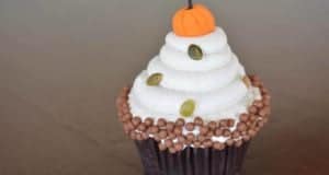 A festive pumpkin cupcake topped with white frosting, chocolate candy spheres, crunchy pumpkin seeds, and a tiny orange pumpkin decoration—an autumn-inspired treat that’s a star at fall festivals and theme park Halloween events.