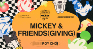 Vibrant graphic featuring the faces of Mickey, Minnie, Goofy, Daisy, and Pluto with "Mickey & Friends" text; invitation to celebrate at Disney parks with specialty pizzas—pre-order now and join the magical festivities!.