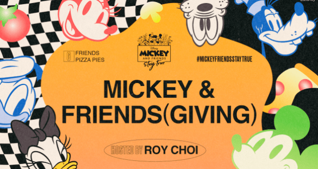 Vibrant graphic featuring the faces of Mickey, Minnie, Goofy, Daisy, and Pluto with "Mickey & Friends" text; invitation to celebrate at Disney parks with specialty pizzas—pre-order now and join the magical festivities!.