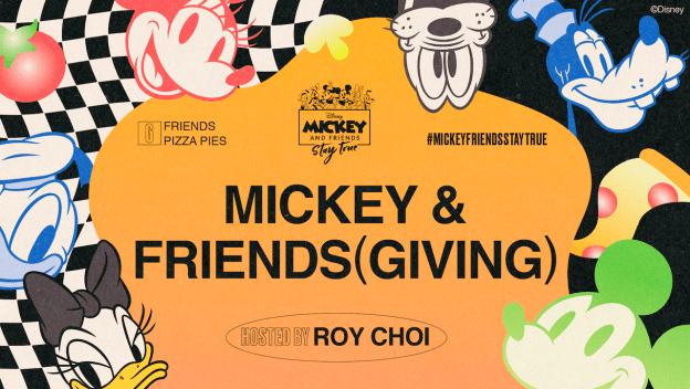 Vibrant graphic featuring the faces of Mickey, Minnie, Goofy, Daisy, and Pluto with "Mickey & Friends" text; invitation to celebrate at Disney parks with specialty pizzas—pre-order now and join the magical festivities!.