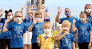 Disney fans, both adults and kids, wave in matching blue shirts and face masks in front of Cinderella Castle, capturing the excitement and magic of Walt Disney World.