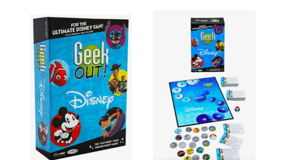 Disney Geek Out! board game box and components—including cards, board, tokens, and die—on display, capturing the excitement of Disney Parks trivia nights. A must-have for Disney fans who love challenging friends with park knowledge; this engaging game brings a touch of theme park magic home and makes a fantastic gift for enthusiasts of all ages.