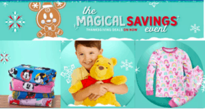 Disney pajamas featuring beloved characters stacked high, a joyful young guest hugging Winnie the Pooh, and vibrant rainbow sleepwear on display—magical styles and deals await during shopDisney’s Magical Savings Event.