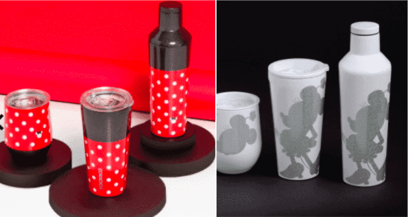 Bring a piece of the Disney Parks experience home with this enchanting set of four drink containers: two inspired by Minnie Mouse, featuring her signature red with white polka dots, and two adorned with shiny silver Mickey Mouse silhouettes on crisp white. Displayed against sleek black surfaces, these Corkcicle cups are perfect for fans wanting to add a magical touch reminiscent of Main Street, U.S.A. to their collection.