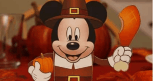Mickey Mouse appears at Disney World dressed as a Thanksgiving Pilgrim, cheerfully holding a pumpkin and a savory drumstick. Festive pumpkins surround him in the background, making Mickey an irresistible holiday-themed candy holder perfect for your seasonal celebrations in the park.