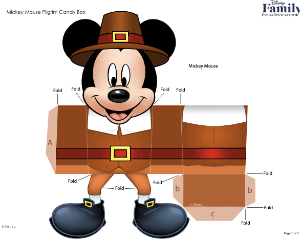 Mickey Mouse at Disney World dressed as a festive Thanksgiving Pilgrim, featured on a fun, foldable candy holder box template with easy-to-follow folding lines, perfect for fans and collectors.
