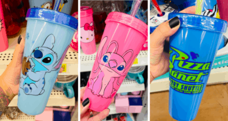 Sip in style with three vibrant Disney souvenir cups—Stitch on blue, Angel on pink, and a classic Pizza Planet logo on green—all topped with lids and straws. These fun park drinkware options are perfect collectibles for Disney fans looking to bring a bit of park magic home.