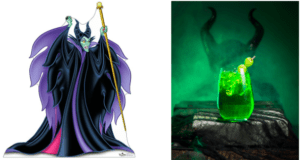 Sinister villain character from park attractions in a flowing black robe stands next to a dramatic Deep Sleep Sour Cocktail, featuring horn-inspired garnishes against an eerie, smoky green backdrop.