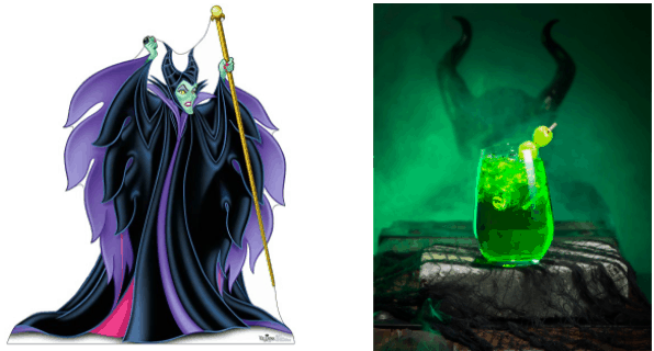 Sinister villain character from park attractions in a flowing black robe stands next to a dramatic Deep Sleep Sour Cocktail, featuring horn-inspired garnishes against an eerie, smoky green backdrop.