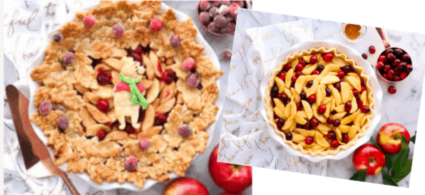 Two apple cranberry pies inspired by storybook fun: one features a baked crust shaped like a playful pup, while the other is unbaked with leaf shapes ready for the oven—whimsical treats perfect for cozy autumn days at the Hundred Acre Wood, evoking classic Winnie the Pooh magic.