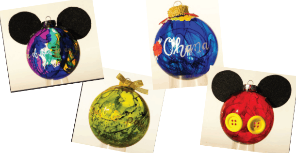 Four vibrant Christmas ornaments featuring two Mickey Mouse-inspired designs with signature black ears, playful buttons reminiscent of classic Disney character outfits, and a mix of magical patterns—ideal for fans bringing a touch of Disney parks magic and collectible style to their holiday décor.