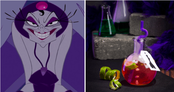 Yzma flashing her signature mischievous grin alongside Yzma’s Cocktail, a vibrant potion-inspired beverage topped with a curly straw and lime, as seen at Disney’s theme parks.