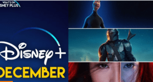 Disney+ December celebration showcases favorite characters from animated, sci-fi, and adventure attractions, set against a vibrant split backdrop reminiscent of magical park festivities, spotlighting thrilling new titles perfect for holiday entertainment.