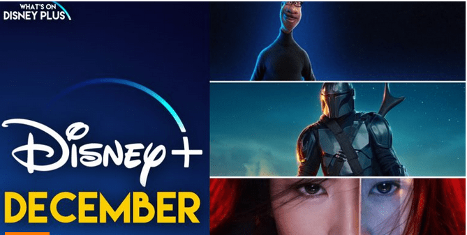 Disney+ December celebration showcases favorite characters from animated, sci-fi, and adventure attractions, set against a vibrant split backdrop reminiscent of magical park festivities, spotlighting thrilling new titles perfect for holiday entertainment.