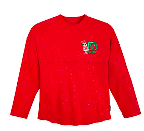 Celebrate the holidays at Disney Parks in this red long-sleeve shirt, featuring a festive Minnie Mouse and gift box graphic on the left chest—just right for Christmas morning fun and capturing that magical Holiday Spirit Jersey vibe.
