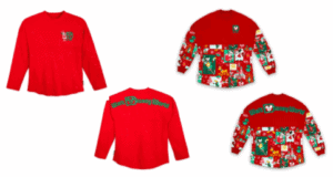 Festive red Disney World Holiday Spirit Jerseys featuring beloved character artwork on the sleeves and back, ready to bring extra magic to your Christmas Morning celebration. Both front and back of the jerseys are displayed.