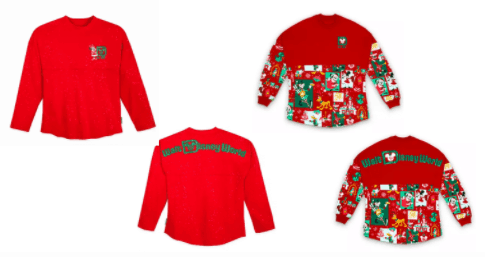 Festive red Disney World Holiday Spirit Jerseys featuring beloved character artwork on the sleeves and back, ready to bring extra magic to your Christmas Morning celebration. Both front and back of the jerseys are displayed.
