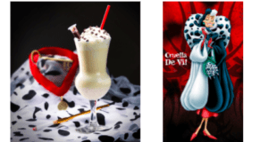 A vanilla milkshake topped with whipped cream and a straw sits beside a Cruella de Vil cartoon at Disney’s Hollywood Studios, serving up a whimsical nod to the Tranquilizer Cocktail—an Instagram-worthy treat for fans craving something sweet with villainous flair.