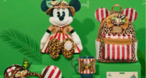 Exclusive Minnie Mouse plush, mug, backpack, and headband featuring bold red stripes and playful leopard print are displayed on a green backdrop—must-have merchandise for Disney parks fans and Jungle Cruise explorers. Available only through MerchPass.