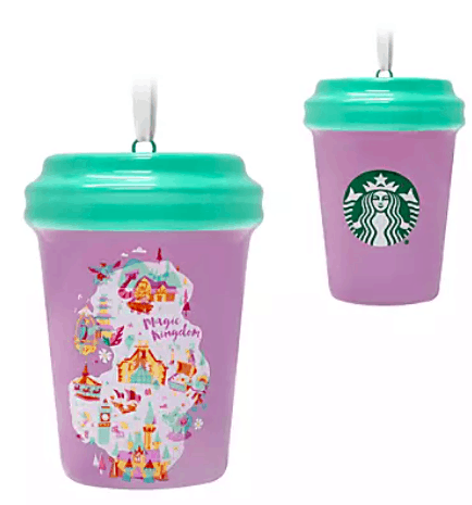 Two vibrant purple Starbucks cups with teal lids capture the magic of Disney Parks; one features an enchanting castle silhouette, while the other displays the iconic Starbucks logo. Ideal for fans and collectors alike, these exclusive ornaments bring a whimsical Disney touch to your shopDisney collection of Starbucks keepsakes.