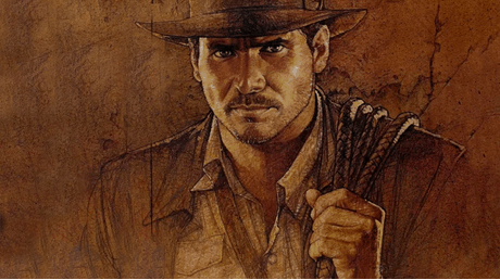 Indiana Jones, wearing his iconic fedora and adventure-ready jacket, clutches a coiled rope in hand in this dynamic brown sketch-style illustration, capturing the thrilling spirit fans experienced during Indiana Jones 5’s action-packed production in August 2021.