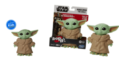Experience Star Wars magic with two charming Baby Yoda toys and an exclusive Mandalorian "The Child" Bop It! game, boxed and highlighted by a Kids' Choice sticker—just like the collectible finds at Galaxy’s Edge.