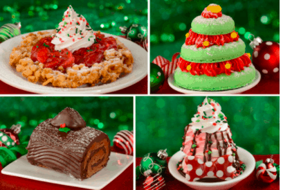 A tempting lineup of four Christmas-themed desserts served on plates, surrounded by vibrant green and red holiday decor, set against the magical backdrop of Magic Kingdom—an irresistible treat for Disney fans and foodies celebrating the holidays in the park.