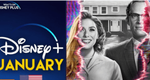 Disney+ January promo with a vibrant split-color image of a cheerful couple standing outside their home, capturing the anticipation for exciting new Disney+ releases, much like the thrill of experiencing fresh attractions at Disneyland or Walt Disney World in the new year.