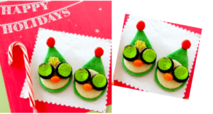 Elf-themed owl cookies sporting green hats and red pom-poms sit atop a vibrant red holiday card next to a candy cane, creating a magical treat display perfect for your Universal Studios Holiday Tweet-Up or a nod to Disney’s Prep & Landing during the park’s festive movie nights.