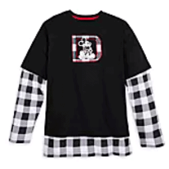 Black shirt with plaid sleeves and hem, featuring a bold "D" and Mickey Mouse graphic on the chest—perfect for fans to showcase their love for Disney style while visiting the parks. Rad in Plaid collection available at shopDisney.