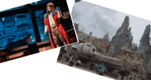 Chewbacca welcomes fans inside as crowds gather outside by the Millennium Falcon in Star Wars: Galaxy’s Edge, soaking up the thrilling atmosphere of Smugglers Run.