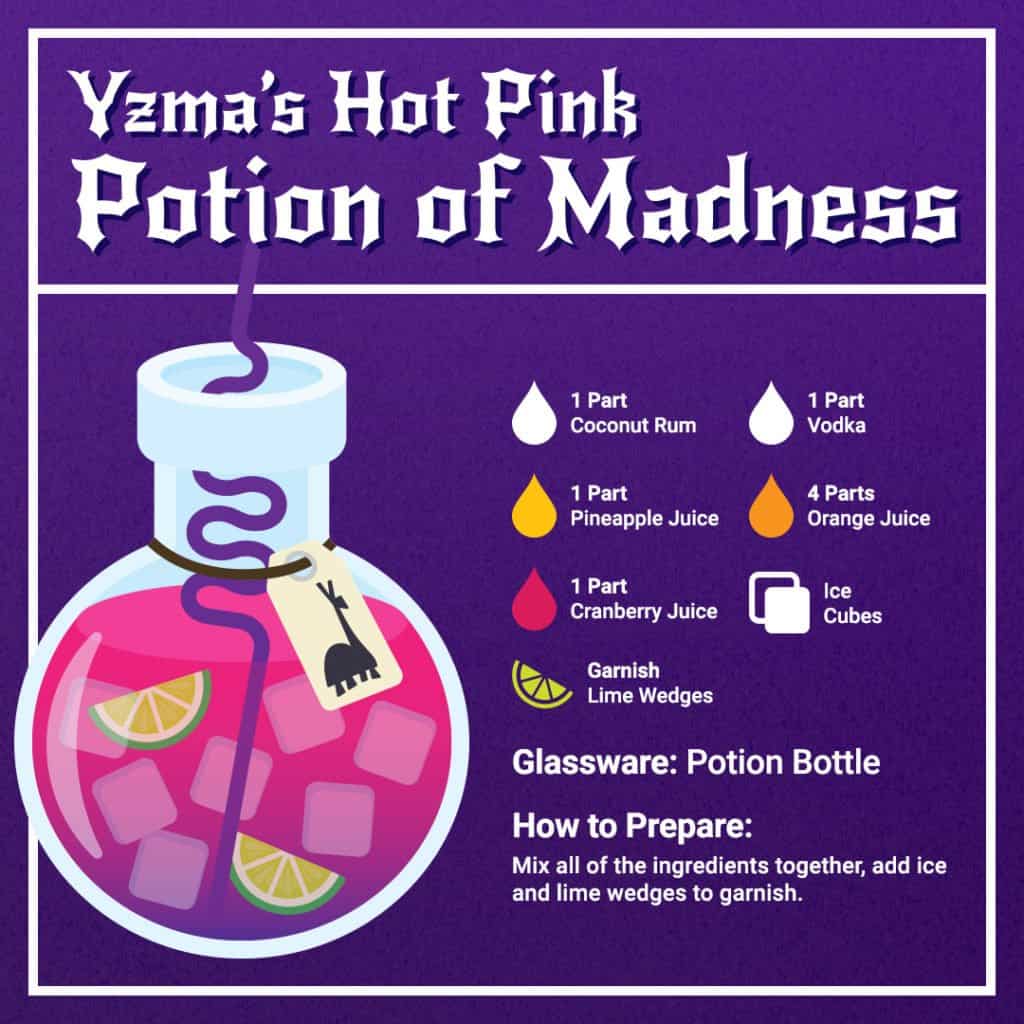A Hot Pink Potion cocktail shimmering with ice and lime wedges served in a whimsical potion bottle, with magical recipe ingredients displayed on a vibrant purple backdrop, perfect for fans of fantastical theme park concoctions.