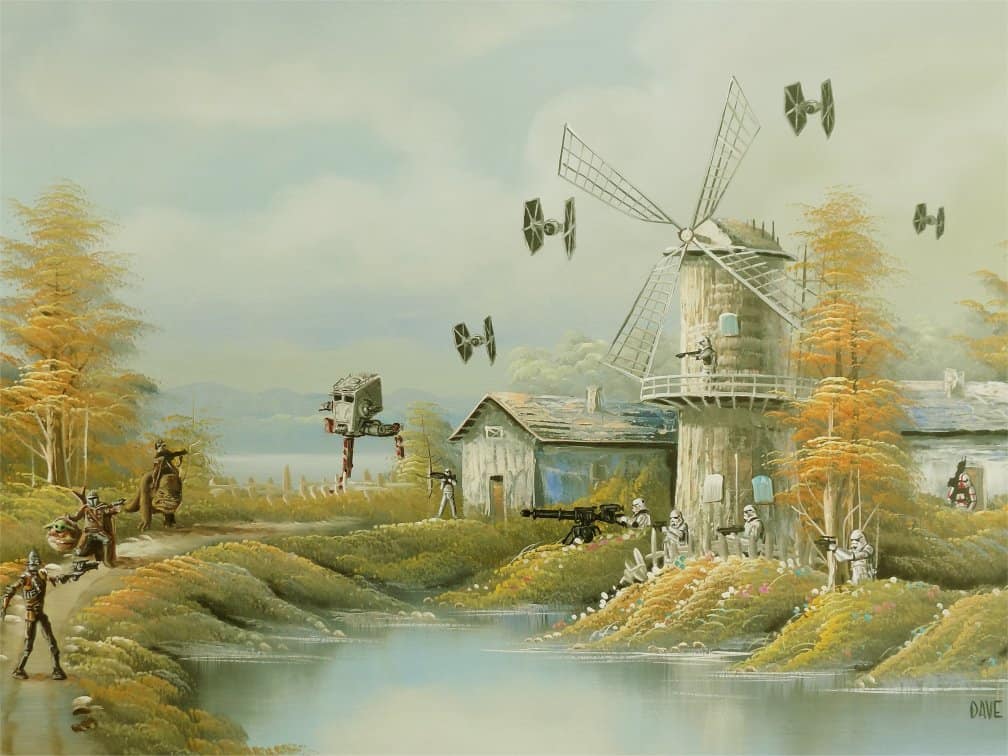 Stormtroopers and Star Wars vehicles make a dramatic entrance into a quaint countryside village, complete with a classic windmill by the pond, turning the serene setting into an epic Star Wars-themed spectacle that feels like an immersive attraction blending beloved sci-fi elements with nostalgic small-town charm.