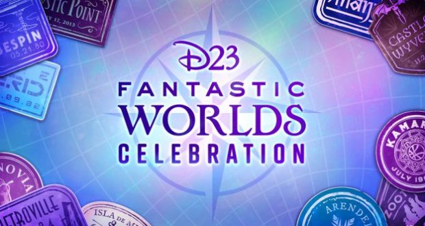 D23 Fantastic Worlds Celebration logo surrounded by vibrant Disney Parks-inspired travel stamps and a radiant compass rose centerpiece, capturing the spirit of theme park adventure and discovery.