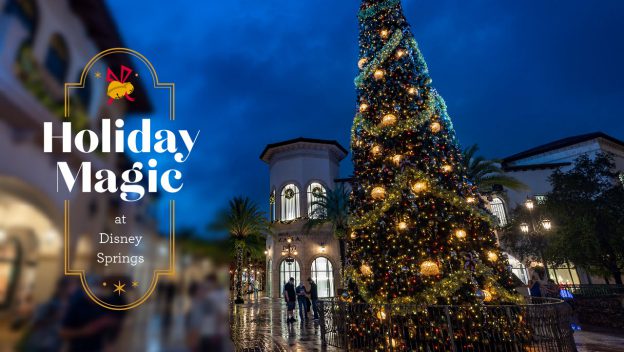 A towering Christmas tree glimmers with gold ornaments at Disney Springs as guests wander beneath sparkling holiday lights at dusk, immersed in the festive Disney magic. Get inspired for every fan on your list with our Virtual Gift Guide.